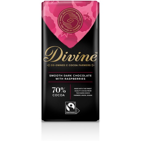 Juodasis šokoladas 70% su avietėmis DIVINE, 100 g