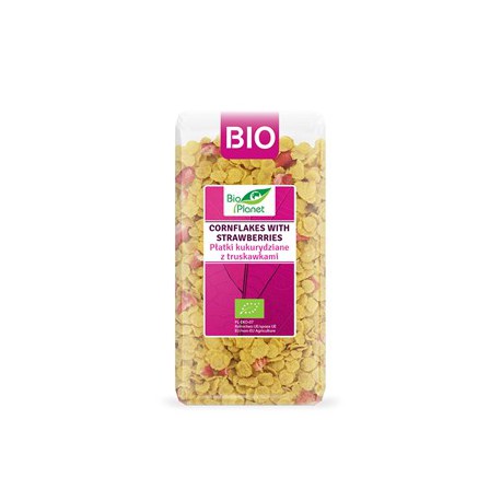 Ekologiški kukurūzų dribsniai su liofelizuotomis braškėmis, BIO PLANET, 250 g.