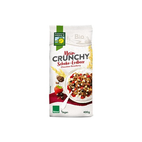 Granola su šokolado trupinėlias, braškėmis ir juodaisiais serbentais Bioland, 400 g