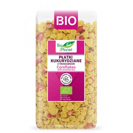 Ekologiški kukurūzų dribsniai su liofelizuotomis braškėmis, BIO PLANET, 250 g.