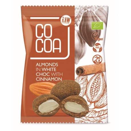 Organic Almonds in White Chocolate Coating with Cinnamon – 70 g | COCOA