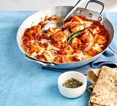 Indian Cheese (Paneer) in Creamy Cashew and Tomato Sauce