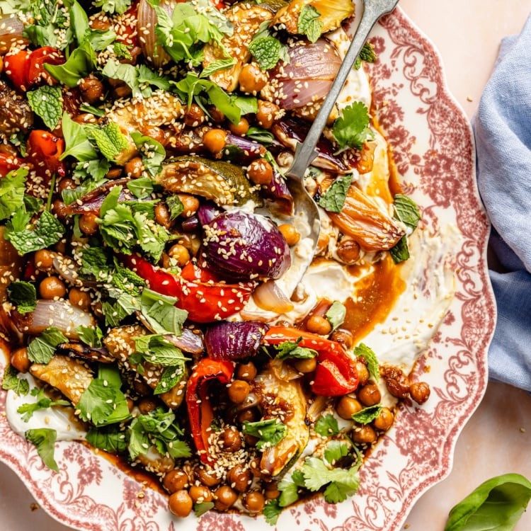 Roasted Vegetables with Chickpeas and Tahini-Yogurt Sauce