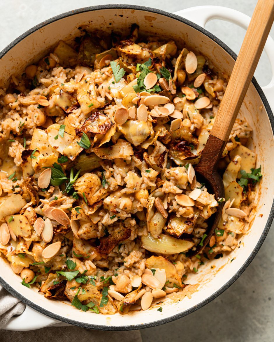 Chickpeas with Rice, Roasted Cabbage, and Mustard Dressing