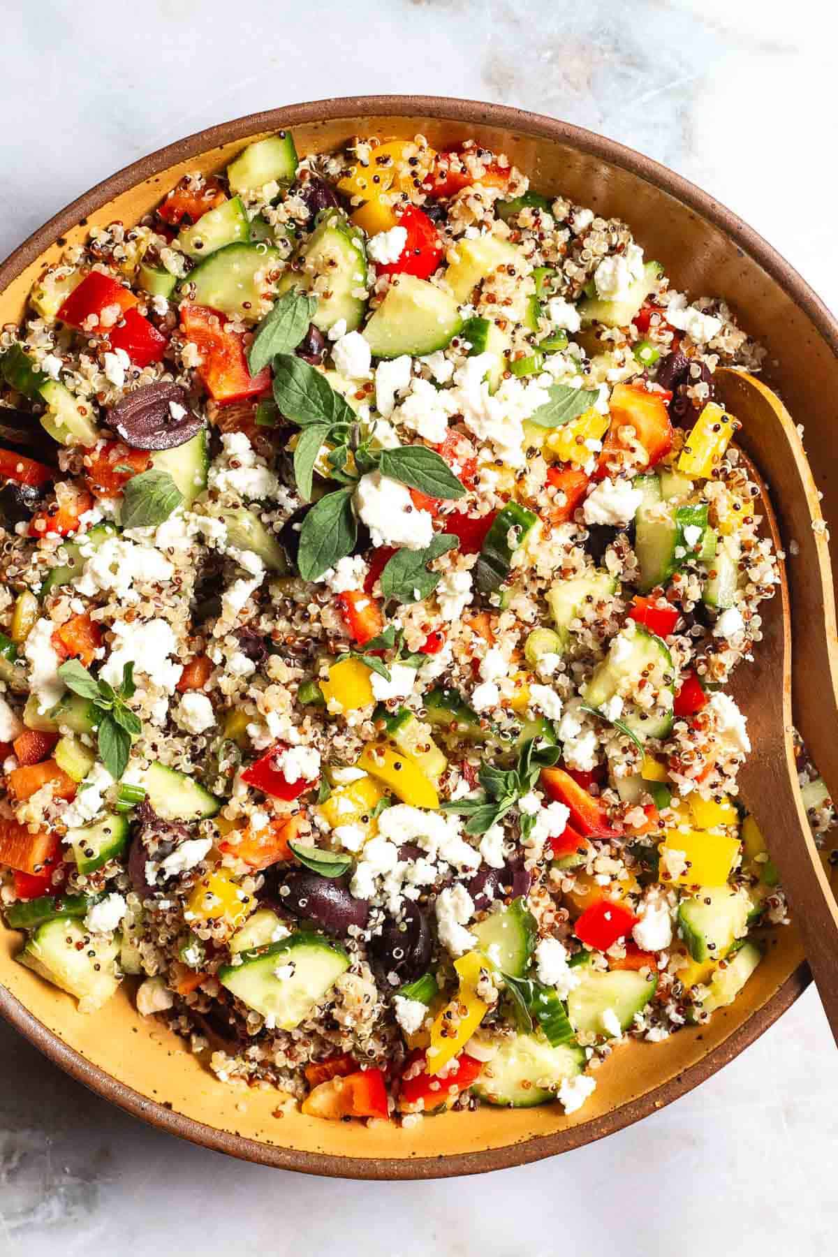 Mediterranean Quinoa Salad with Peppers, Cucumbers, Olives and Feta