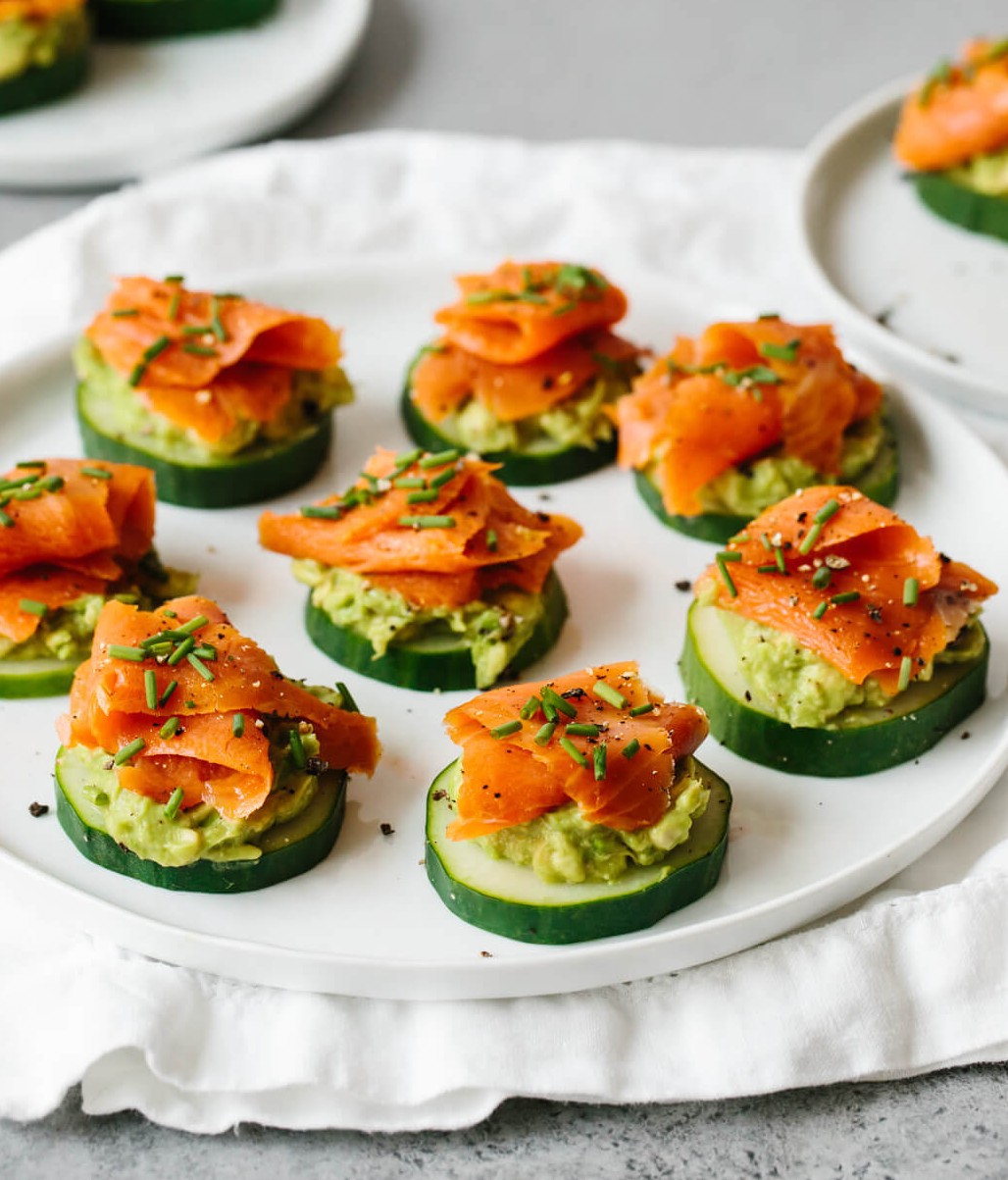 Smoked salmon, avocado, and cucumber bites